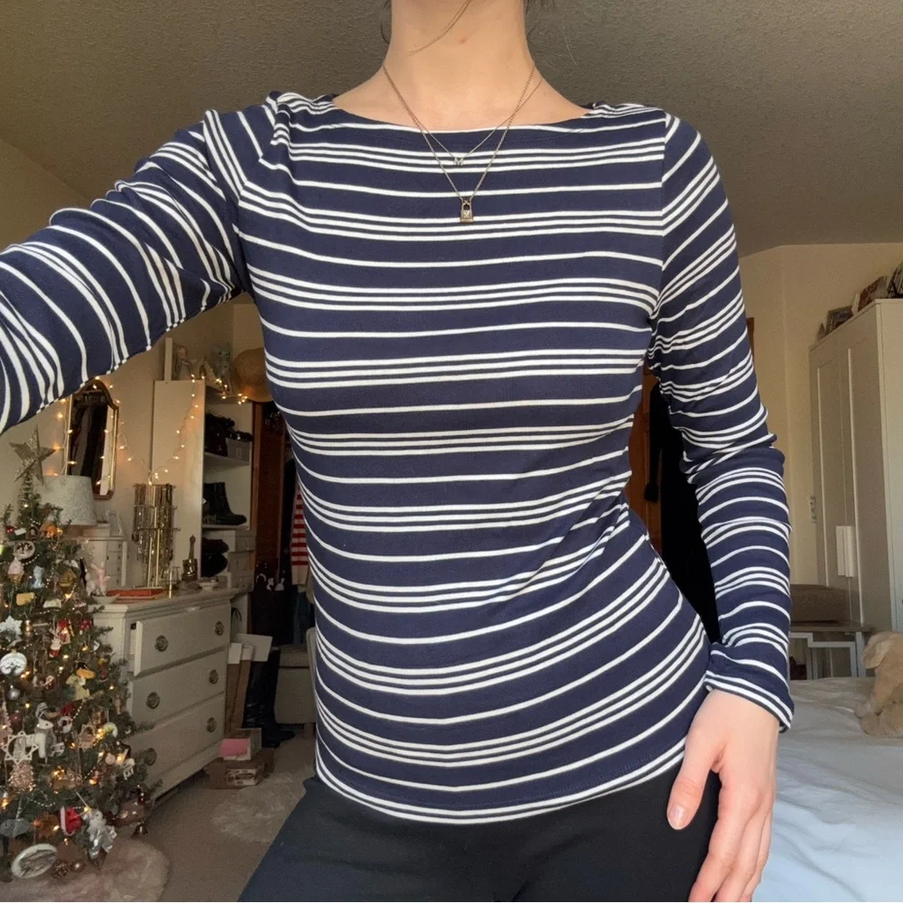 gap navy blue and white striped ribbed boatneck long sleeve t-shirt - Picture 2 of 13